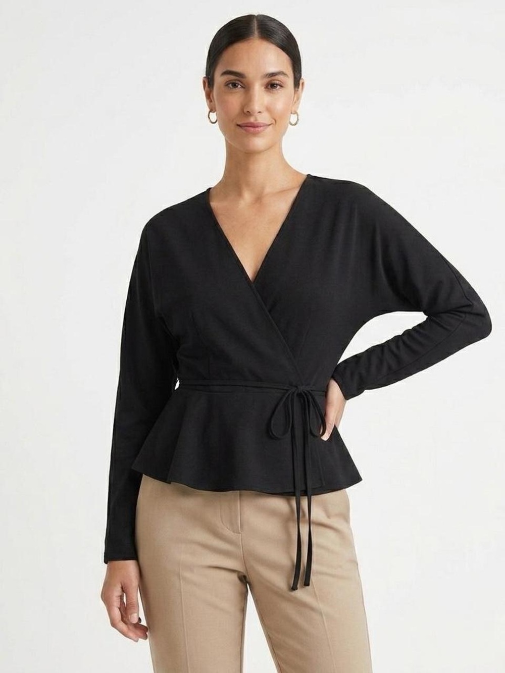 & Other Stories Black Wrap Peplum Tie-Waist Blouse Small